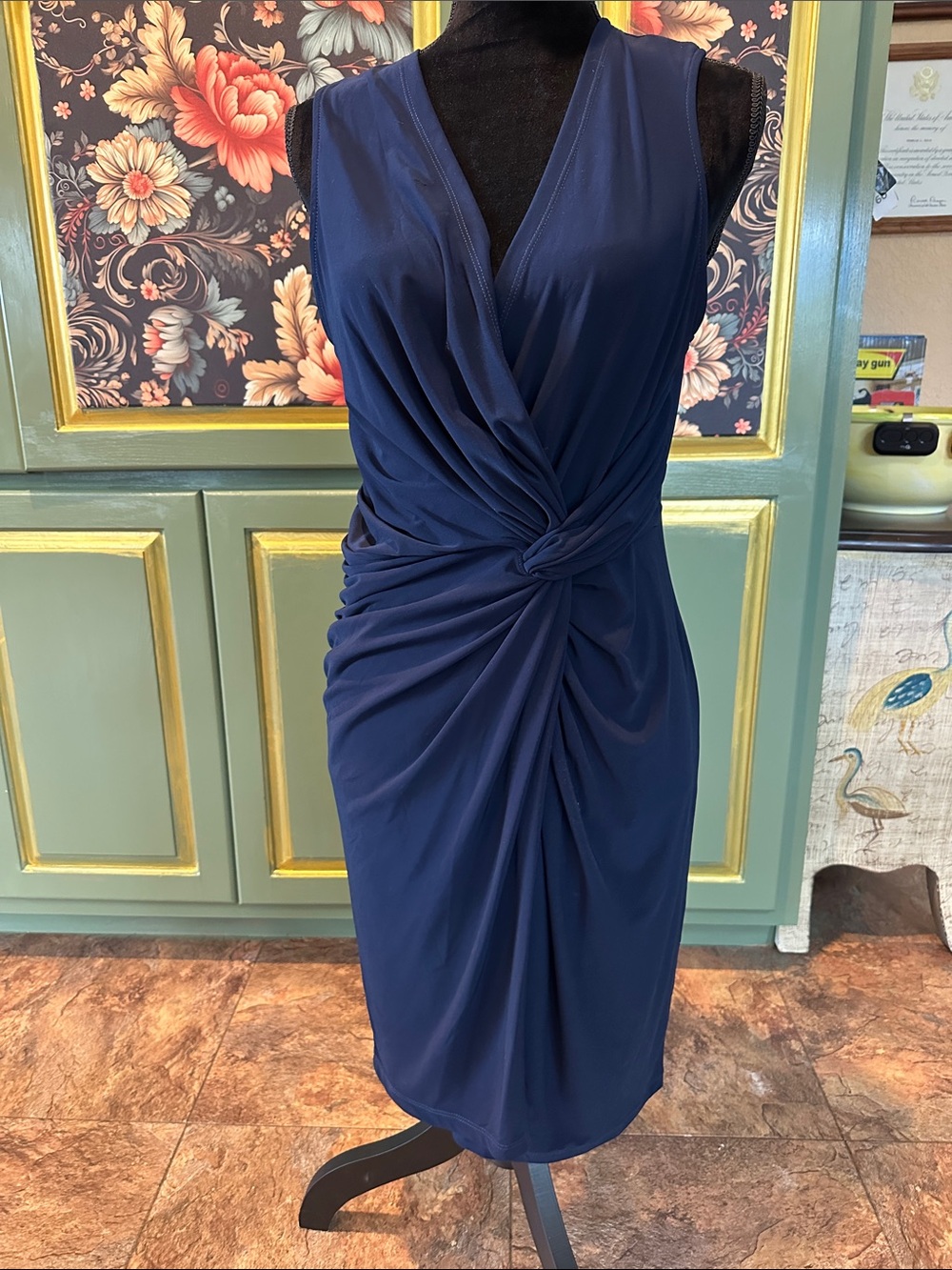 JB by Julie Brown Navy Twist-Knot V-Neck Sheath Dress